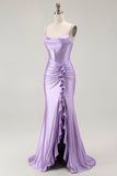 Purple Mermaid Corset Spaghetti Straps Long Prom Dress with Slit