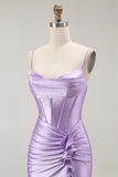 Purple Mermaid Corset Spaghetti Straps Long Prom Dress with Slit