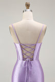 Purple Mermaid Corset Spaghetti Straps Long Prom Dress with Slit