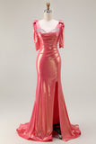 Metallic Coral Mermaid Beaded Bow Shoulder Strap Ruched Long Prom Dress with Slit