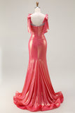Metallic Coral Mermaid Beaded Bow Shoulder Strap Ruched Long Prom Dress with Slit