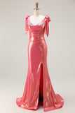 Metallic Coral Mermaid Beaded Bow Shoulder Strap Ruched Long Prom Dress with Slit