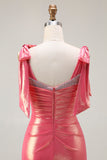 Metallic Coral Mermaid Beaded Bow Shoulder Strap Ruched Long Prom Dress with Slit