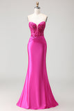 Fuchsia Mermaid Strapless Beaded Corset Long Prom Dress with Lace Up Back