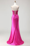 Fuchsia Mermaid Strapless Beaded Corset Long Prom Dress with Lace Up Back