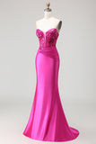 Fuchsia Mermaid Strapless Beaded Corset Long Prom Dress with Lace Up Back