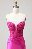 Fuchsia Mermaid Strapless Beaded Corset Long Prom Dress with Lace Up Back