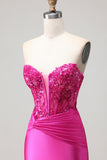 Fuchsia Mermaid Strapless Beaded Corset Long Prom Dress with Lace Up Back