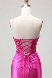 Fuchsia Mermaid Strapless Beaded Corset Long Prom Dress with Lace Up Back