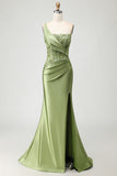Green Mermaid One Shoulder Appliqued Corset Ruched Long Prom Dress with Slit