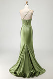 Green Mermaid One Shoulder Appliqued Corset Ruched Long Prom Dress with Slit