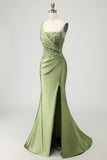 Green Mermaid One Shoulder Appliqued Corset Ruched Long Prom Dress with Slit