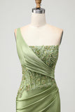 Green Mermaid One Shoulder Appliqued Corset Ruched Long Prom Dress with Slit