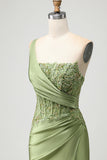 Green Mermaid One Shoulder Appliqued Corset Ruched Long Prom Dress with Slit
