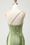 Green Mermaid One Shoulder Appliqued Corset Ruched Long Prom Dress with Slit