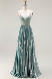 Metallic Grey Green A-Line Pleated Lace Up Back Long Prom Dress with Beading