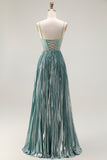 Metallic Grey Green A-Line Pleated Lace Up Back Long Prom Dress with Beading