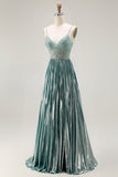 Metallic Grey Green A-Line Pleated Lace Up Back Long Prom Dress with Beading