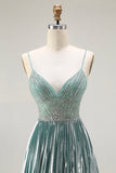 Metallic Grey Green A-Line Pleated Lace Up Back Long Prom Dress with Beading