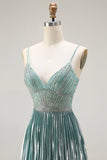 Metallic Grey Green A-Line Pleated Lace Up Back Long Prom Dress with Beading