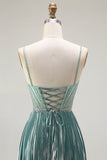 Metallic Grey Green A-Line Pleated Lace Up Back Long Prom Dress with Beading