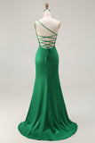 Dark Green Mermaid One Shoulder Beaded Lace Up Back Long Prom Dress with Slit