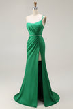 Dark Green Mermaid One Shoulder Beaded Lace Up Back Long Prom Dress with Slit