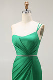 Dark Green Mermaid One Shoulder Beaded Lace Up Back Long Prom Dress with Slit