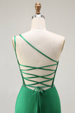 Dark Green Mermaid One Shoulder Beaded Lace Up Back Long Prom Dress with Slit