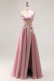 Elegant Grey Pink Strapless Sequin Floral Appliques A-Line Prom Dress with Slit