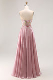 Elegant Grey Pink Strapless Sequin Floral Appliques A-Line Prom Dress with Slit