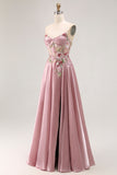 Elegant Grey Pink Strapless Sequin Floral Appliques A-Line Prom Dress with Slit