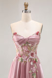 Elegant Grey Pink Strapless Sequin Floral Appliques A-Line Prom Dress with Slit