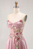 Elegant Grey Pink Strapless Sequin Floral Appliques A-Line Prom Dress with Slit