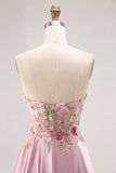 Elegant Grey Pink Strapless Sequin Floral Appliques A-Line Prom Dress with Slit
