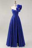 Royal Blue One Shoulder Corset A-Line Lace Up Back Long Prom Dress with Slit