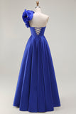 Royal Blue One Shoulder Corset A-Line Lace Up Back Long Prom Dress with Slit