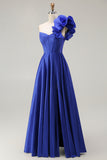 Royal Blue One Shoulder Corset A-Line Lace Up Back Long Prom Dress with Slit