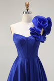 Royal Blue One Shoulder Corset A-Line Lace Up Back Long Prom Dress with Slit