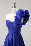 Royal Blue One Shoulder Corset A-Line Lace Up Back Long Prom Dress with Slit