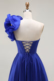 Royal Blue One Shoulder Corset A-Line Lace Up Back Long Prom Dress with Slit