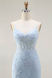 Blue Mermaid Spaghetti Straps Corset Lace Beaded Long Prom Dress with Slit