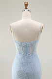 Blue Mermaid Spaghetti Straps Corset Lace Beaded Long Prom Dress with Slit