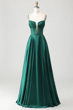 Dark Green A-Line Beaded Corset Satin Long Prom Dress with Lace Up Back
