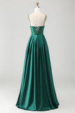 Dark Green A-Line Beaded Corset Satin Long Prom Dress with Lace Up Back