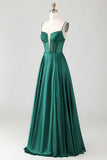 Dark Green A-Line Beaded Corset Satin Long Prom Dress with Lace Up Back