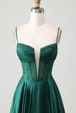 Dark Green A-Line Beaded Corset Satin Long Prom Dress with Lace Up Back