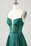 Dark Green A-Line Beaded Corset Satin Long Prom Dress with Lace Up Back