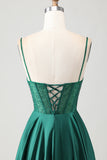 Dark Green A-Line Beaded Corset Satin Long Prom Dress with Lace Up Back