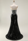Sparkly Black Silver Mermaid Strapless Corset Sequin Long Prom Dress